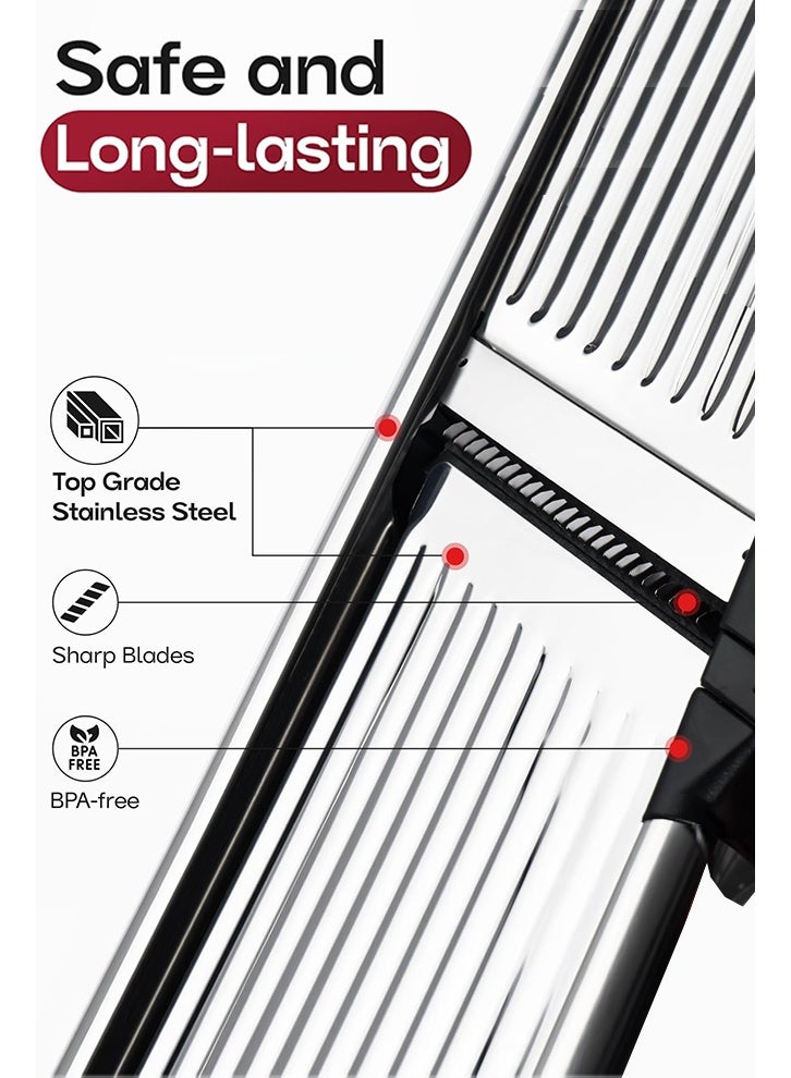 غوغا قطّاعة ماندولين قابلة للتعديل للمطبخ من الستانلس ستيل، قطّاعة طعام وقطّاعة خضار للخيار والبطاطس والملفوف والجزر والبصل، قطاعه بطاطس، مع فرشاة تنظيف ودافع طعام، سهلة الاستخدام والتنظيف - Image 2